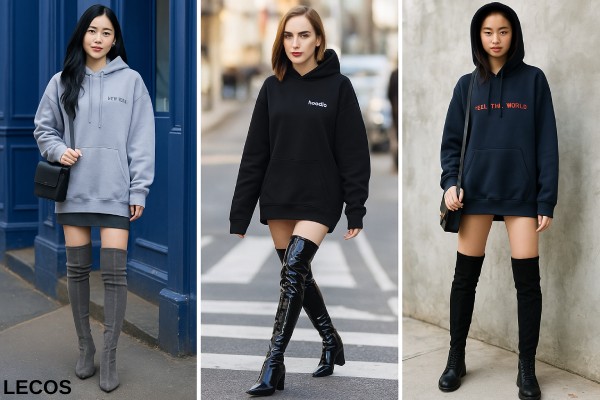 Phối đồ boot cổ cao với áo hoodie