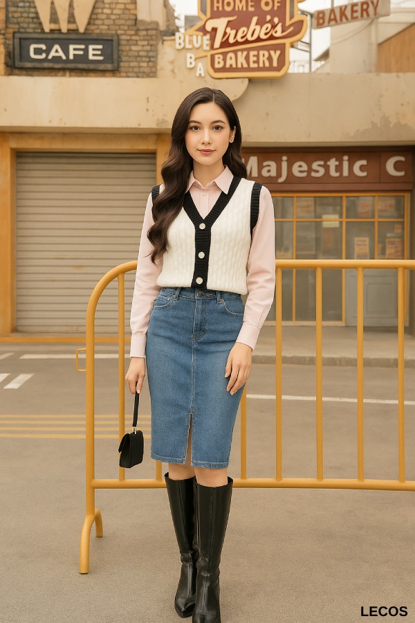 Phối đồ boot cổ cao với chân váy denim