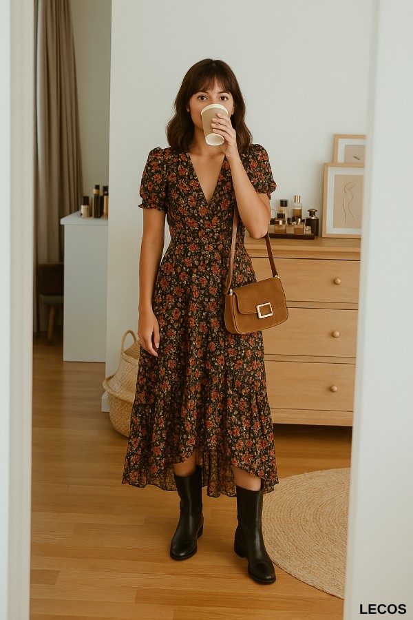 Phối đồ boot cổ cao với váy hoa vintage