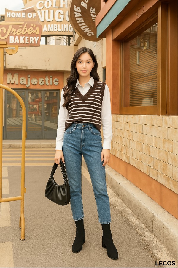 Phối đồ boot cổ cao với áo gile len