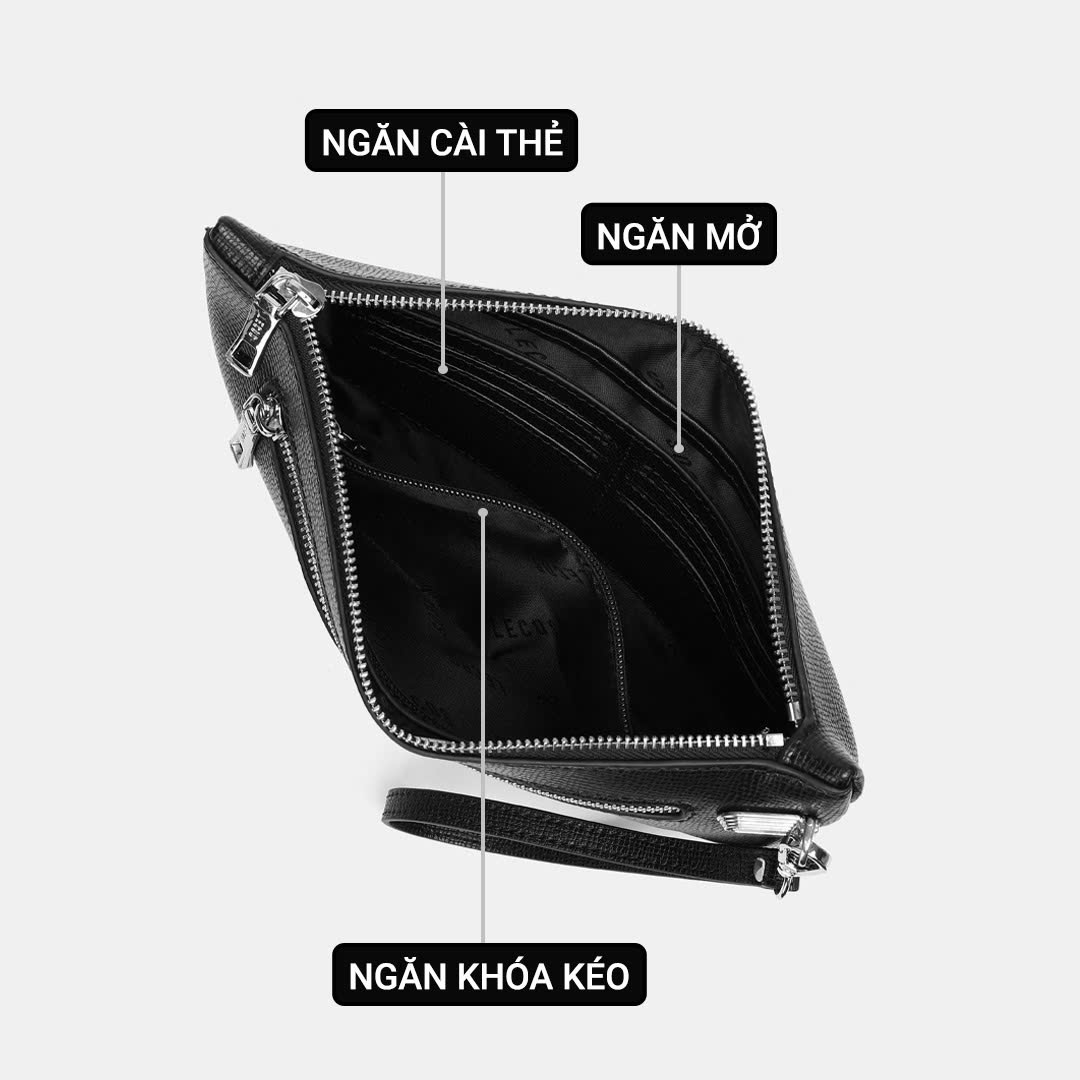 Clutch với 1 ngăn chính lớn có khóa kéo, bên trong túi còn có thêm một ngăn mở nhỏ & một ngăn có khóa kéo, ngăn cài thẻ giúp quý ông dễ dàng sắp xếp đồ đạc ngăn nắp và tiện lợi