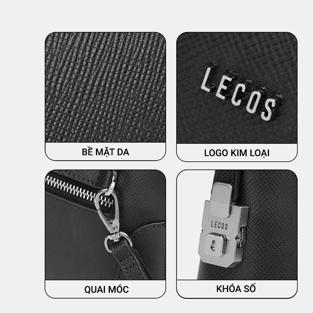 Logo LECOS màu bạc sang trọng được gắn mặt trước thân clutch; được in trên khoá bằng kim loại màu bạc sang trọng nổi bật thương hiệu và khẳng định chất lượng sản phẩm cao cấp chính hãng