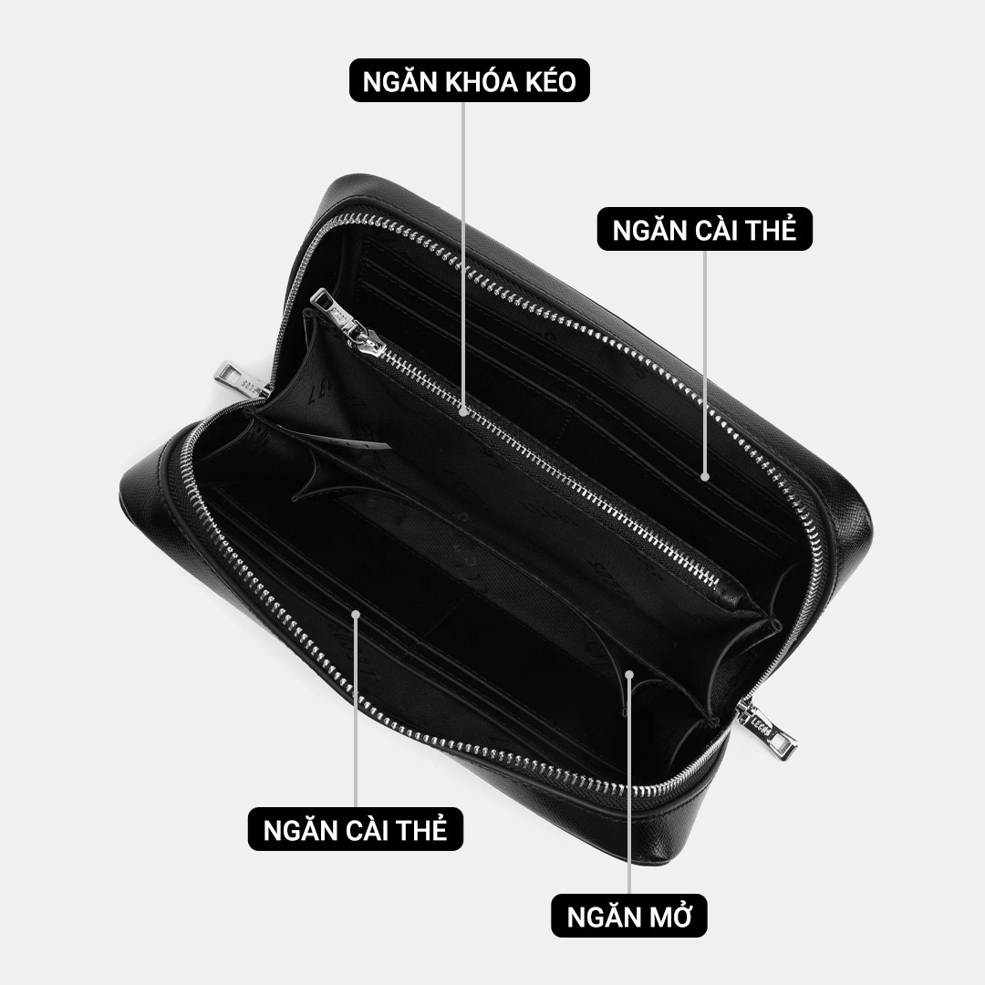 Clutch với 1 ngăn chính lớn, bên trong có ngăn có khóa kéo, ngăn mở và ngăn cài thẻ giúp quý ông dễ dàng sắp xếp đồ đạc ngăn nắp và tiện lợi
