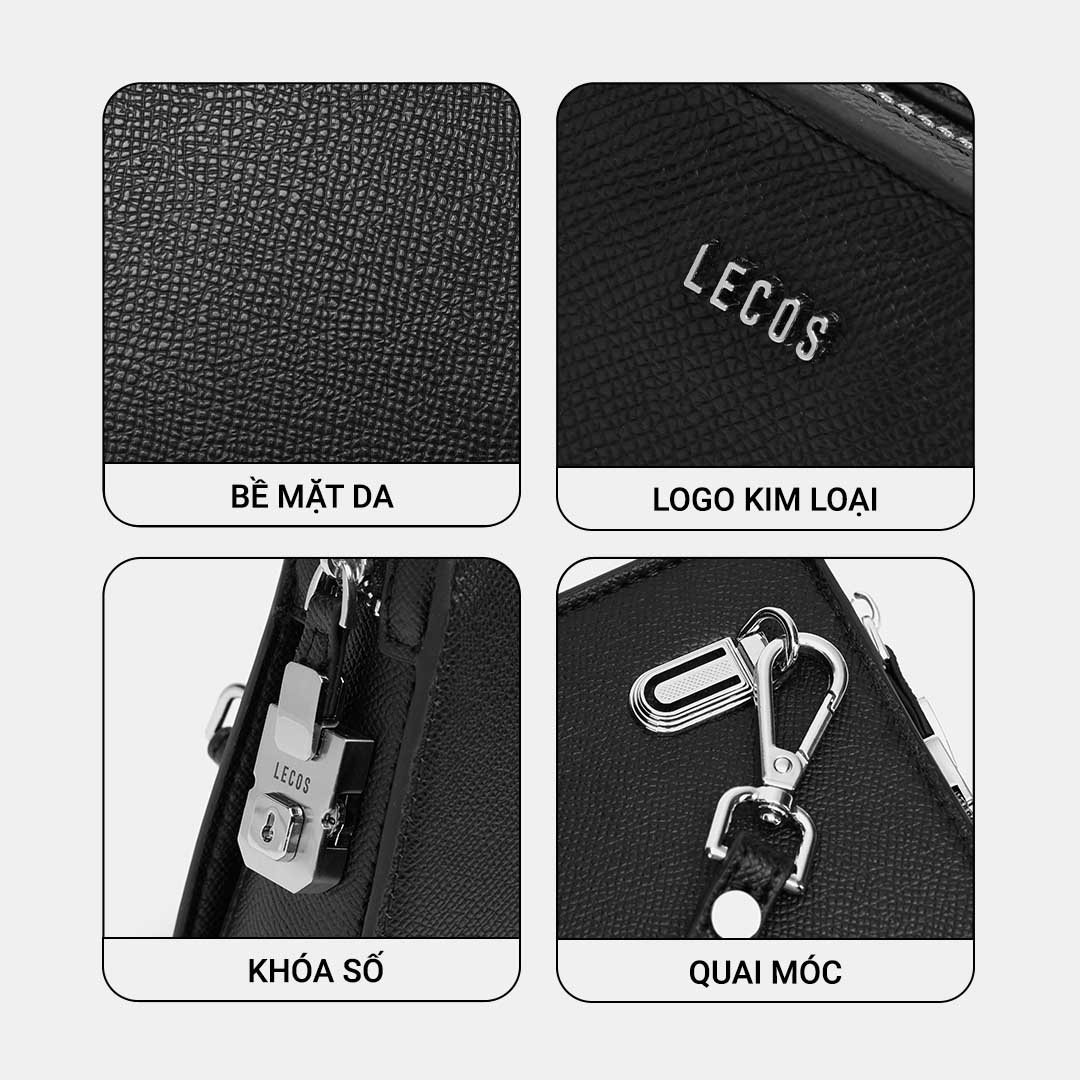 Logo LECOS màu bạc sang trọng được gắn mặt trước thân clutch; được in laser trên khoá số bằng kim loại màu bạc sang trọng nổi bật thương hiệu và khẳng định chất lượng sản phẩm cao cấp chính hãng