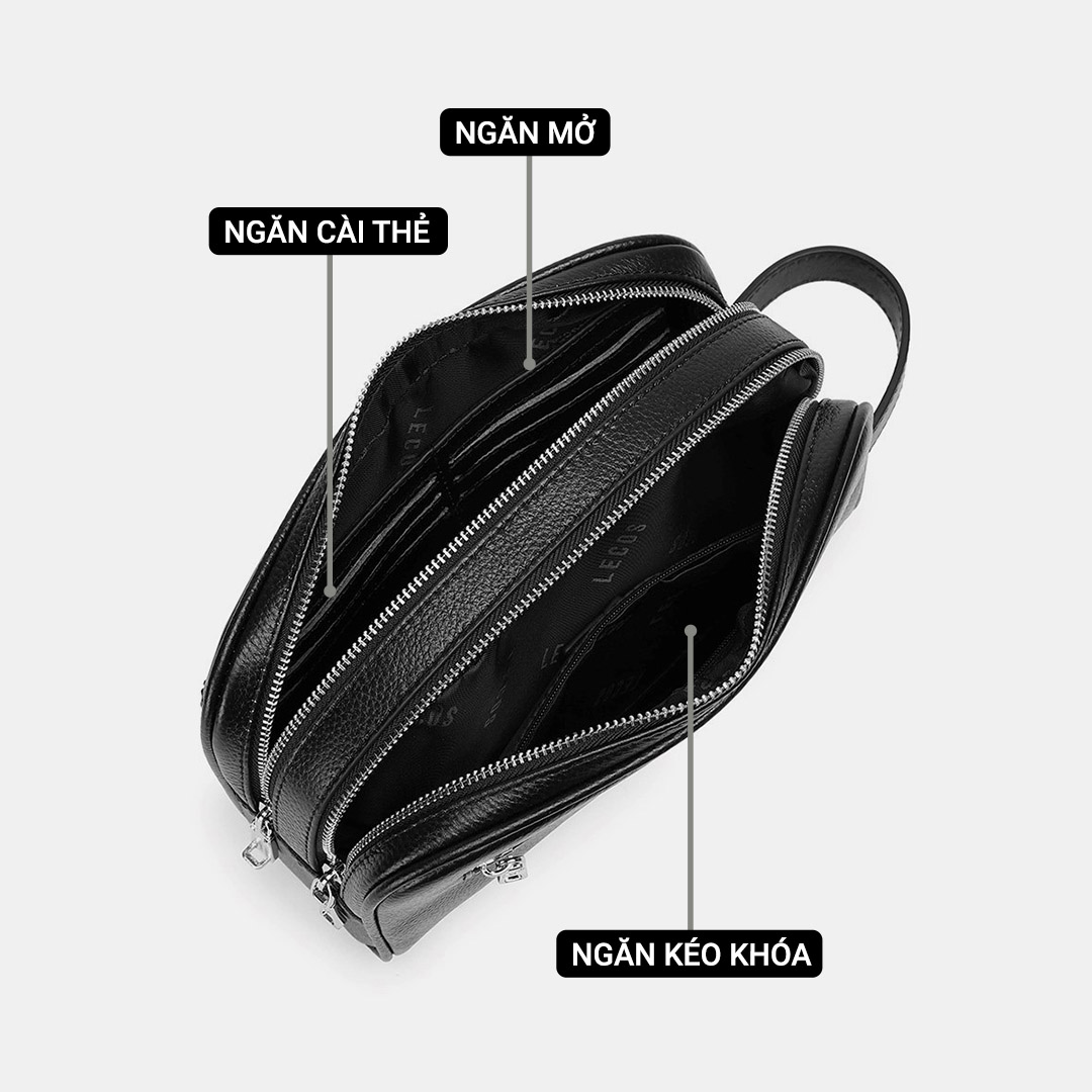 Clutch với 2 ngăn chính lớn có khóa kéo, bên trong túi còn có thêm một ngăn mở nhỏ & một ngăn có khóa kéo, ngăn cài thẻ giúp quý ông dễ dàng sắp xếp đồ đạc ngăn nắp và tiện lợi