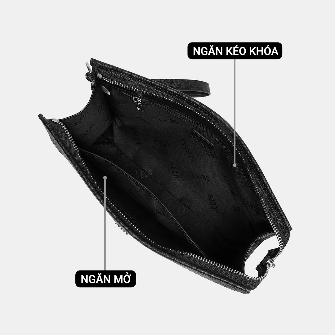 Clutch với 1 ngăn chính lớn, bên trong còn có thêm một ngăn có khóa kéo và một ngăn mở giúp quý ông dễ dàng sắp xếp đồ đạc ngăn nắp và tiện lợi