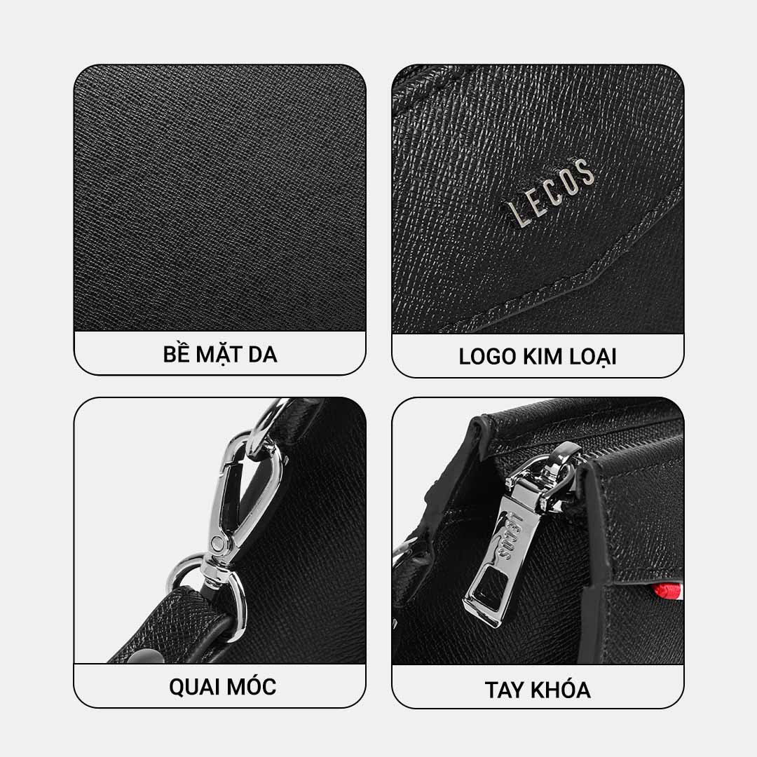 Logo LECOS màu bạc sang trọng được gắn mặt trước thân clutch; được khắc trên khoá kéo bằng kim loại màu bạc sang trọng nổi bật thương hiệu và khẳng định chất lượng sản phẩm cao cấp chính hãng