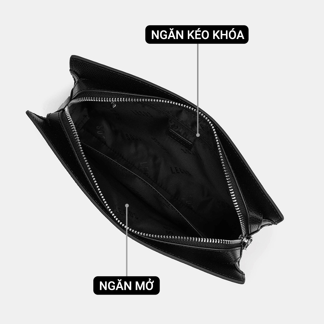 Clutch với 1 ngăn chính lớn có khóa kéo, bên trong túi còn có thêm một ngăn mở nhỏ & một ngăn có khóa kéo giúp quý ông dễ dàng sắp xếp đồ đạc ngăn nắp và tiện lợi