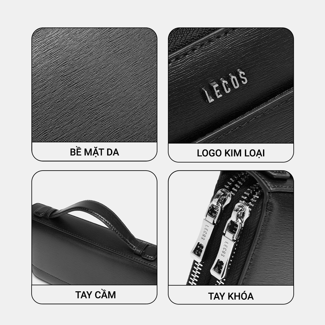 Logo LECOS được khắc trên khoá kéo bằng kim loại màu bạc sang trọng, từng đường may chỉn chu tạo nên một tổng thể đẹp hoàn hảo và ấn tượng