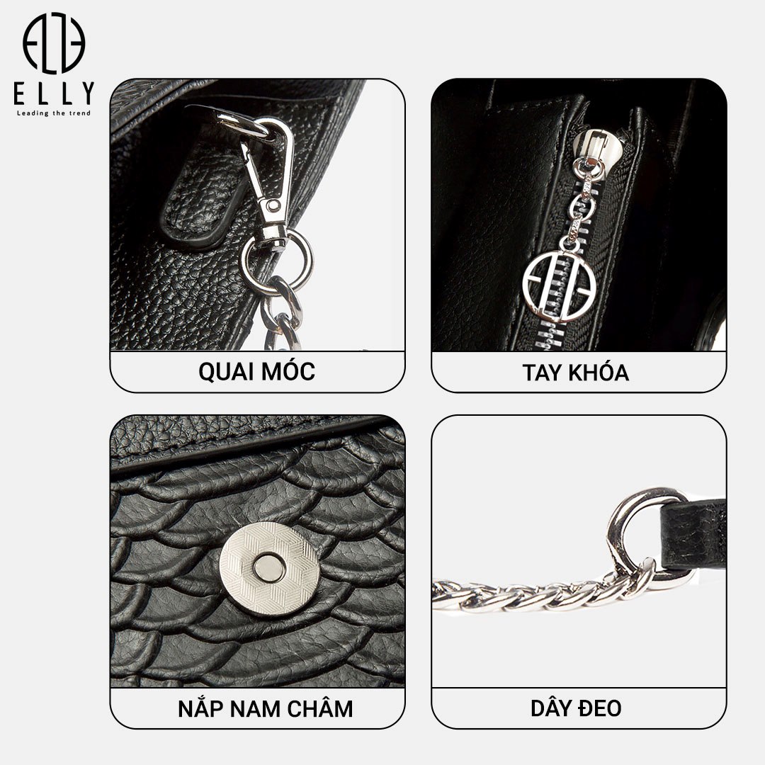 Logo ELLY cao cấp gắn trên clutch hay khóa kéo logo nhằm khẳng định nguồn gốc xuất xứ sản phẩm