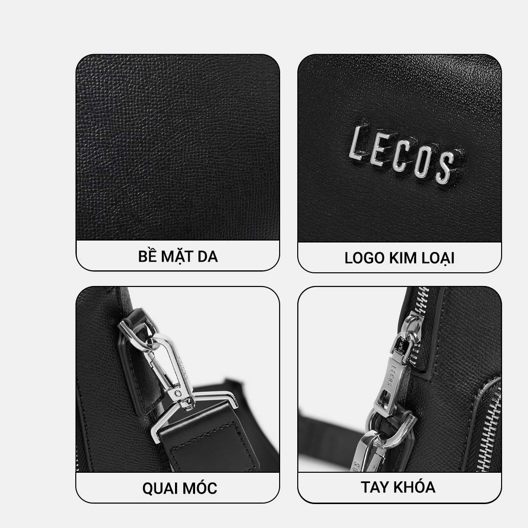 Logo LECOS được khắc trên móc cài, khoá kéo bằng kim loại màu bạc sang trọng tạo nên một tổng thể đẹp hoàn hảo và ấn tượng