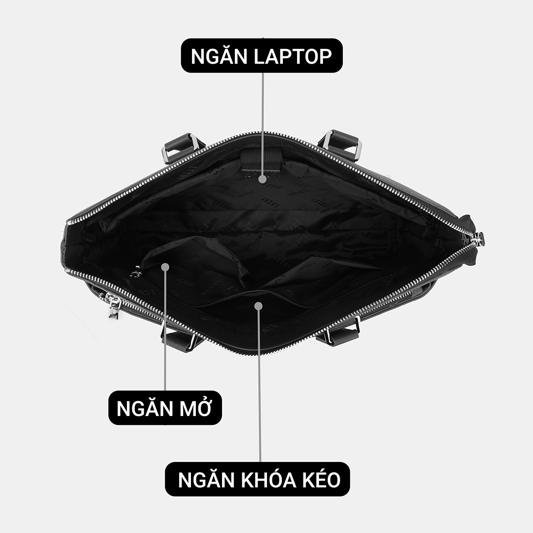 Túi với 1 ngăn chính lớn có khóa kéo, bên trong túi còn có thêm một ngăn mở & một ngăn có khóa kéo; một ngăn đựng vừa laptop giúp quý ông dễ dàng sắp xếp đồ đạc ngăn nắp và tiện lợi