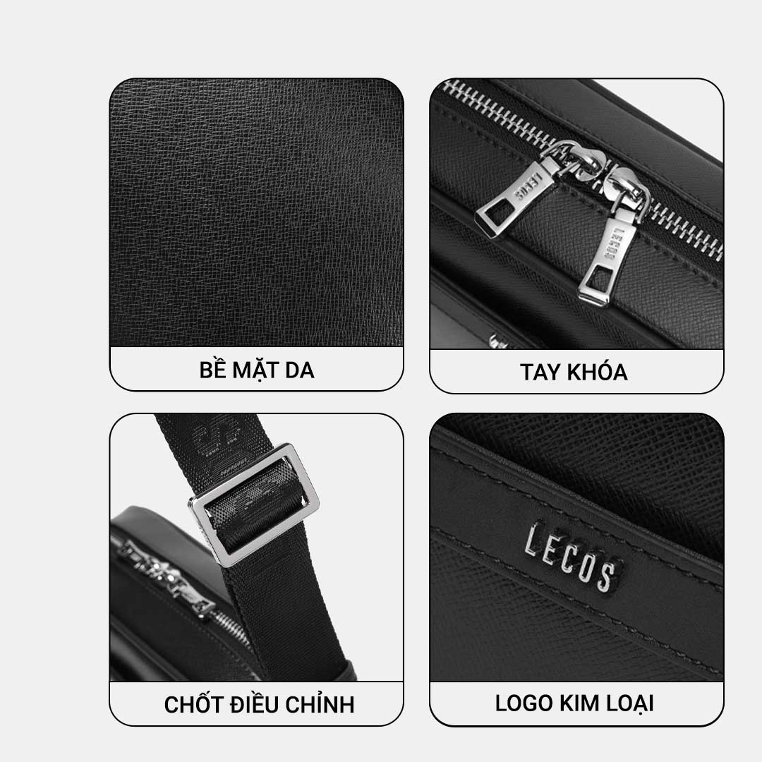 Logo LECOS màu bạc sang trọng được gắn mặt trước thân túi; được khắc trên móc cài, khoá kéo bằng kim loại màu bạc sang trọng nổi bật thương hiệu và khẳng định chất lượng sản phẩm cao cấp chính hãng