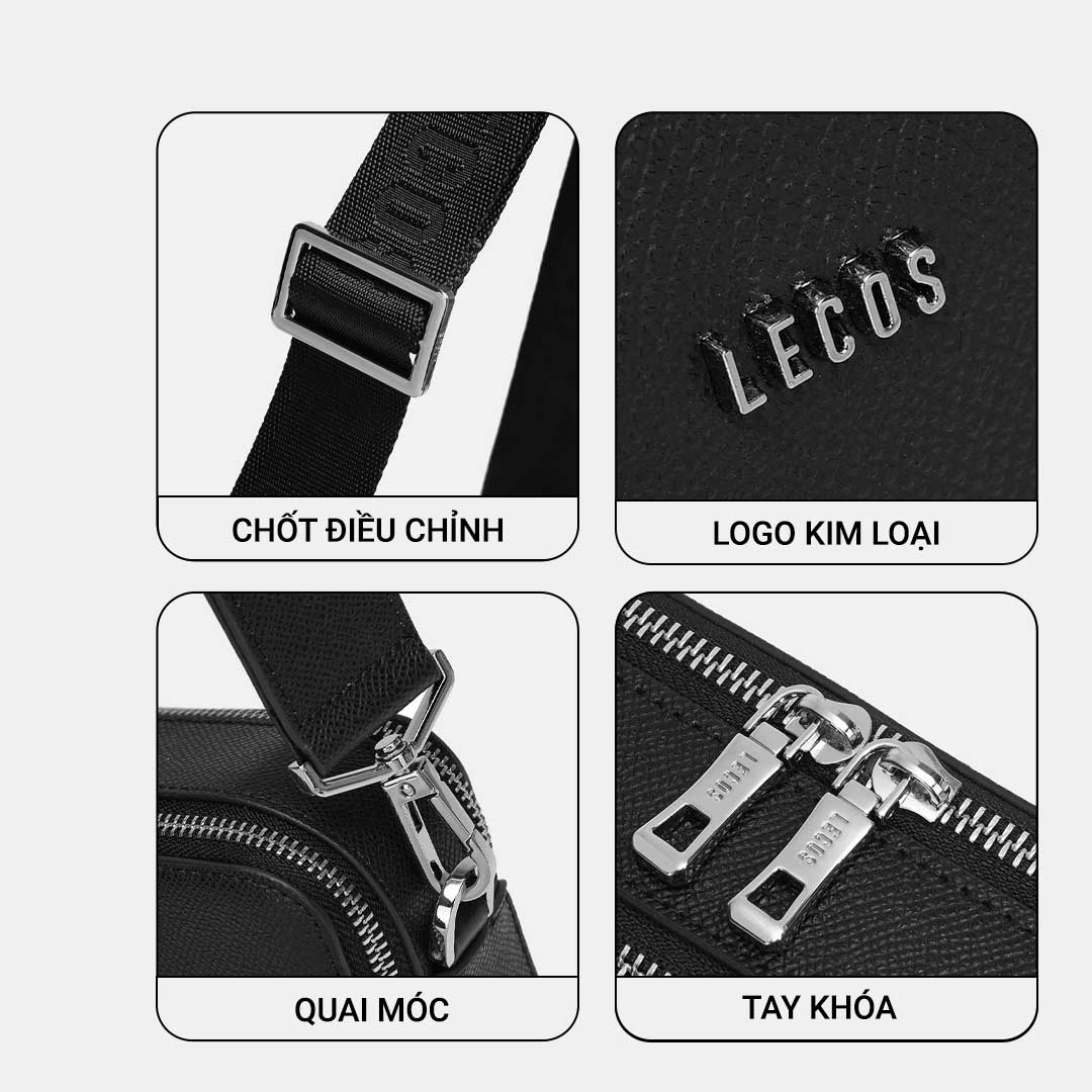 Logo LECOS được khắc trên móc cài, khoá kéo bằng kim loại màu bạc sang trọng tạo nên một tổng thể đẹp hoàn hảo và ấn tượng