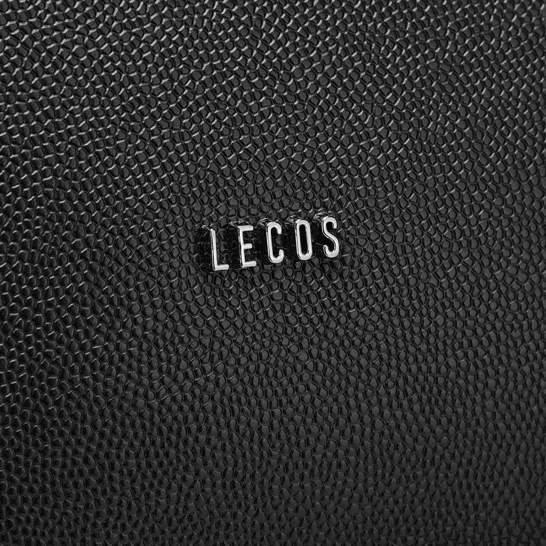 Logo LECOS màu bạc sang trọng được gắn mặt trước thân túi nổi bật thương hiệu và khẳng định chất lượng sản phẩm cao cấp chính hãng