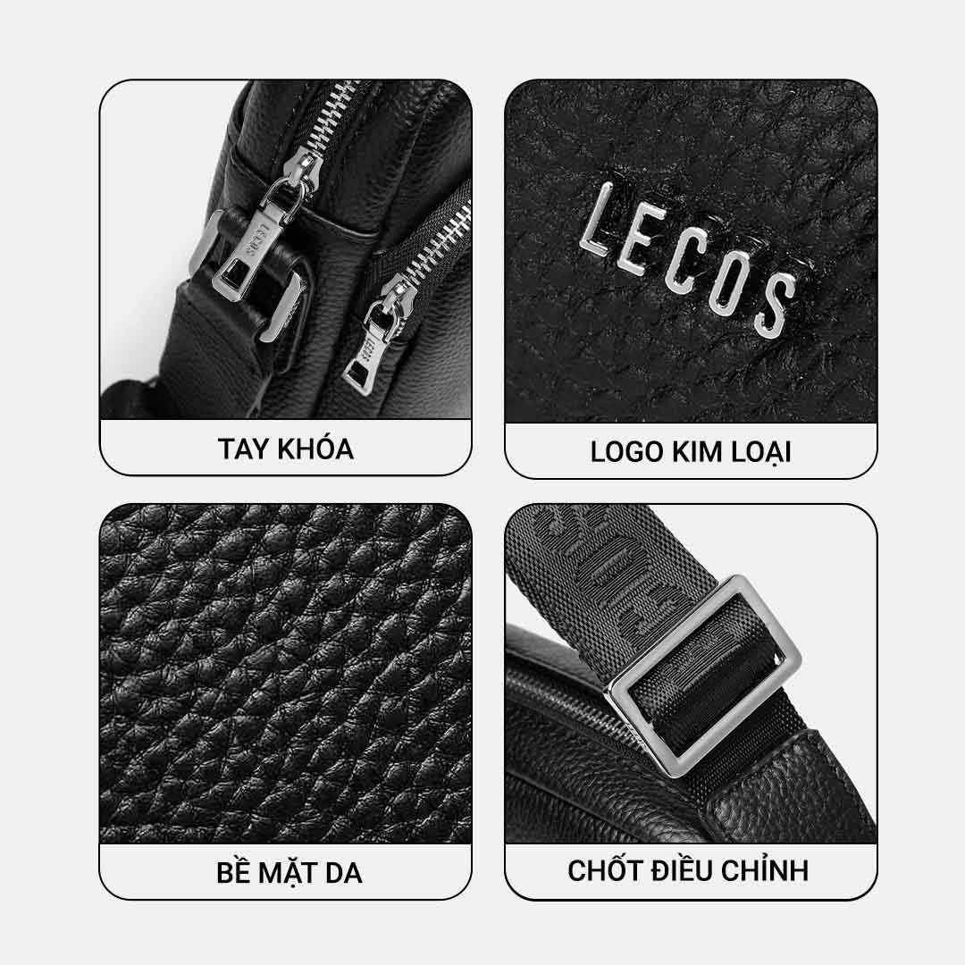Logo LECOS màu bạc sang trọng được gắn mặt trước thân túi; được khắc trên móc cài, khoá kéo bằng kim loại màu bạc sang trọng nổi bật thương hiệu và khẳng định chất lượng sản phẩm cao cấp chính hãng