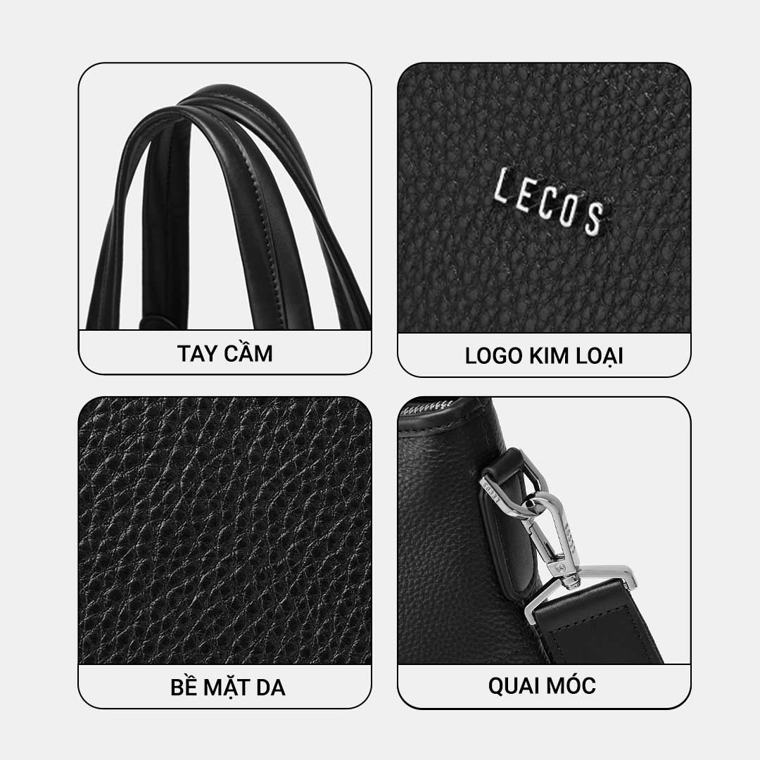 Logo LECOS được khắc trên móc cài, khoá kéo bằng kim loại màu bạc sang trọng tạo nên một tổng thể đẹp hoàn hảo và ấn tượng