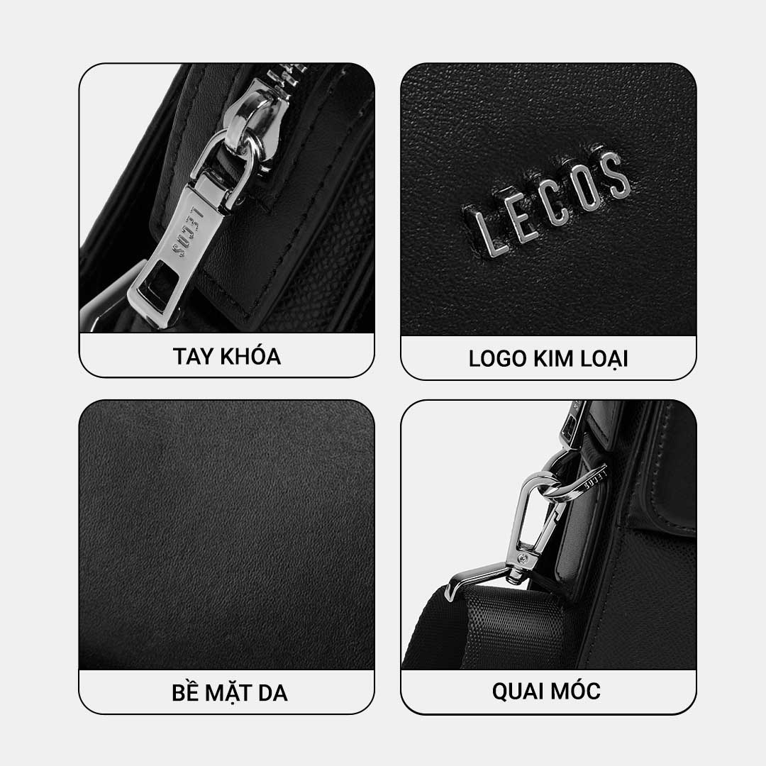 Logo LECOS được khắc trên móc cài, khoá kéo bằng kim loại màu bạc sang trọng tạo nên một tổng thể đẹp hoàn hảo và ấn tượng