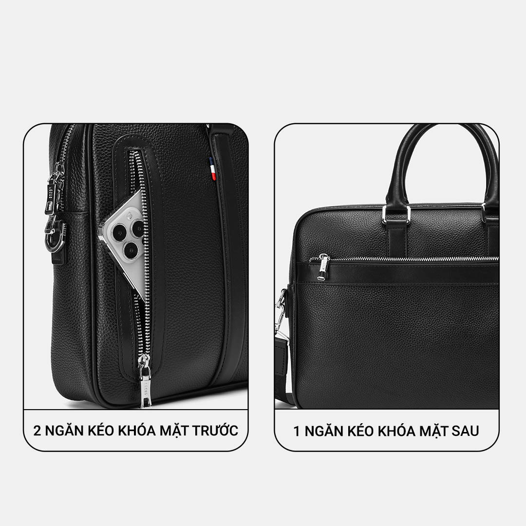 Logo LECOS được khắc trên móc cài, khoá kéo bằng kim loại màu bạc sang trọng tạo nên một tổng thể đẹp hoàn hảo và ấn tượng