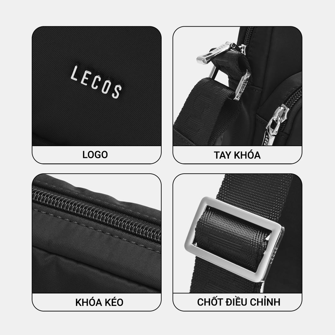 Các chi tiết kim loại màu bạc như logo, quai móc và chốt điều chỉnh trở thành điểm nhấn sang trọng, tạo nên tổng thể hiện đại và đẳng cấp