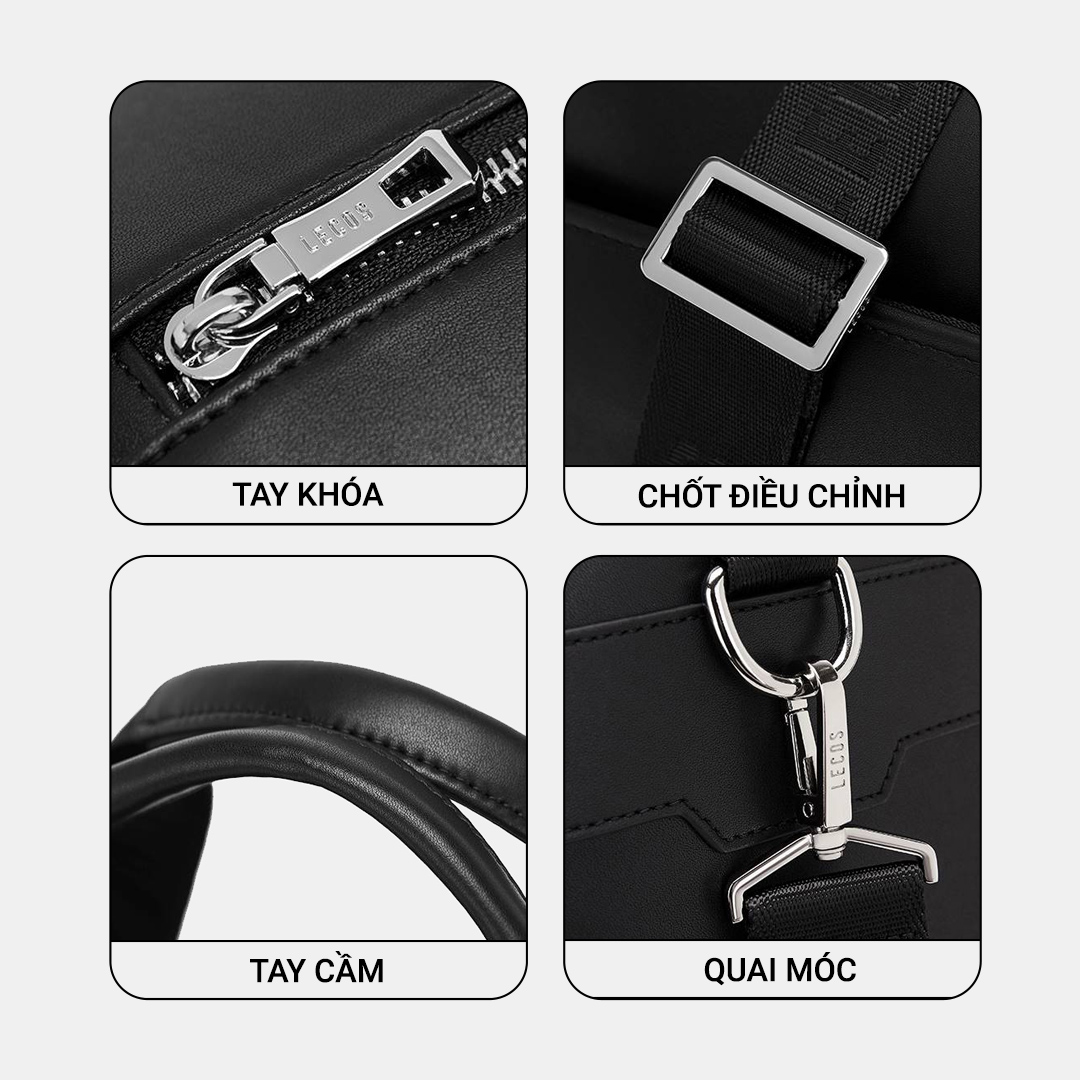 Logo LECOS được khắc trên móc cài, khoá kéo nổi bật thương hiệu và khẳng định chất lượng sản phẩm cao cấp chính hãng