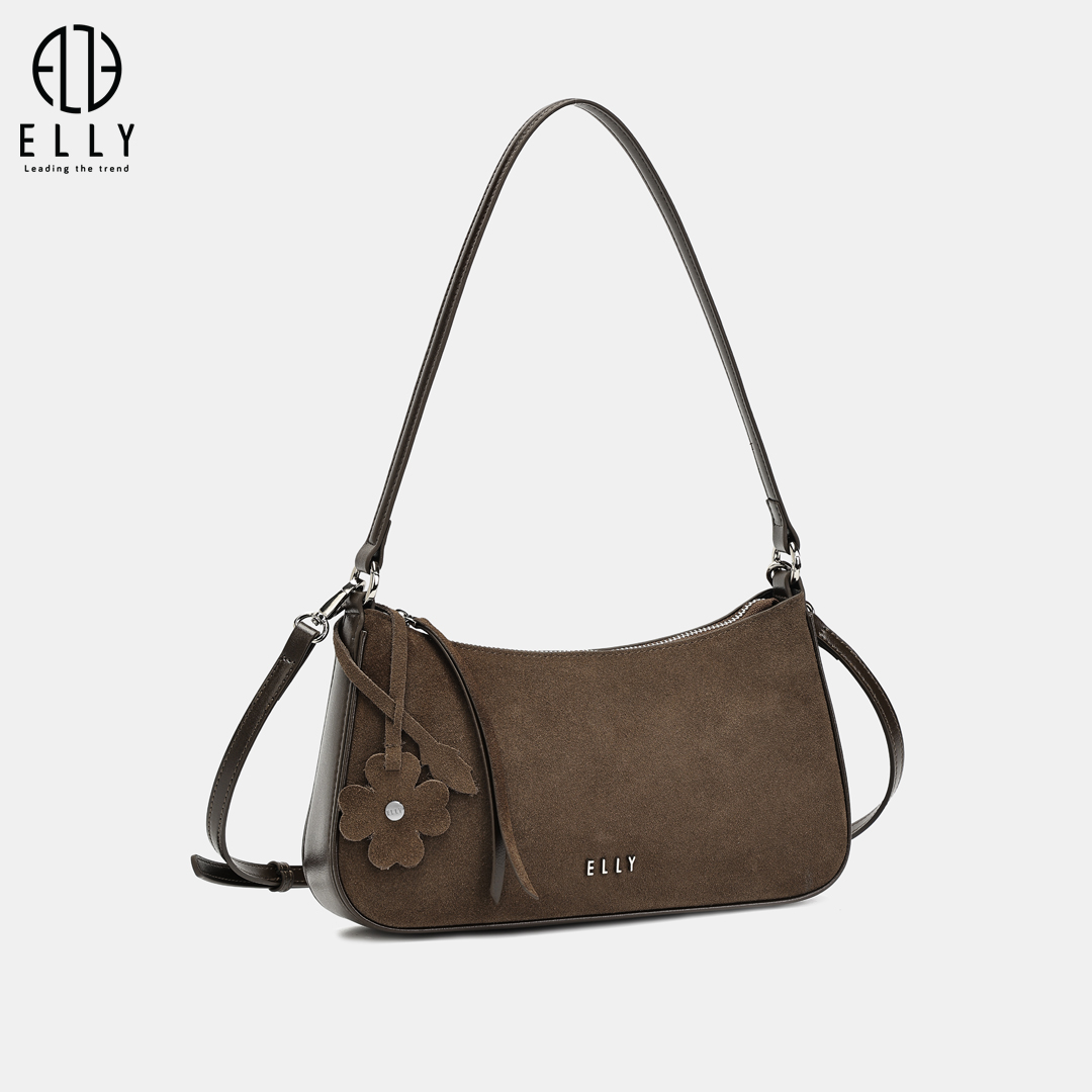 Mặt trước sử dụng da lộn cao cấp, bề mặt mịn lì, tạo chiều sâu thị giác; logo kim loại ELLY màu bạc gắn tinh tế làm điểm nhấn sang trọng.