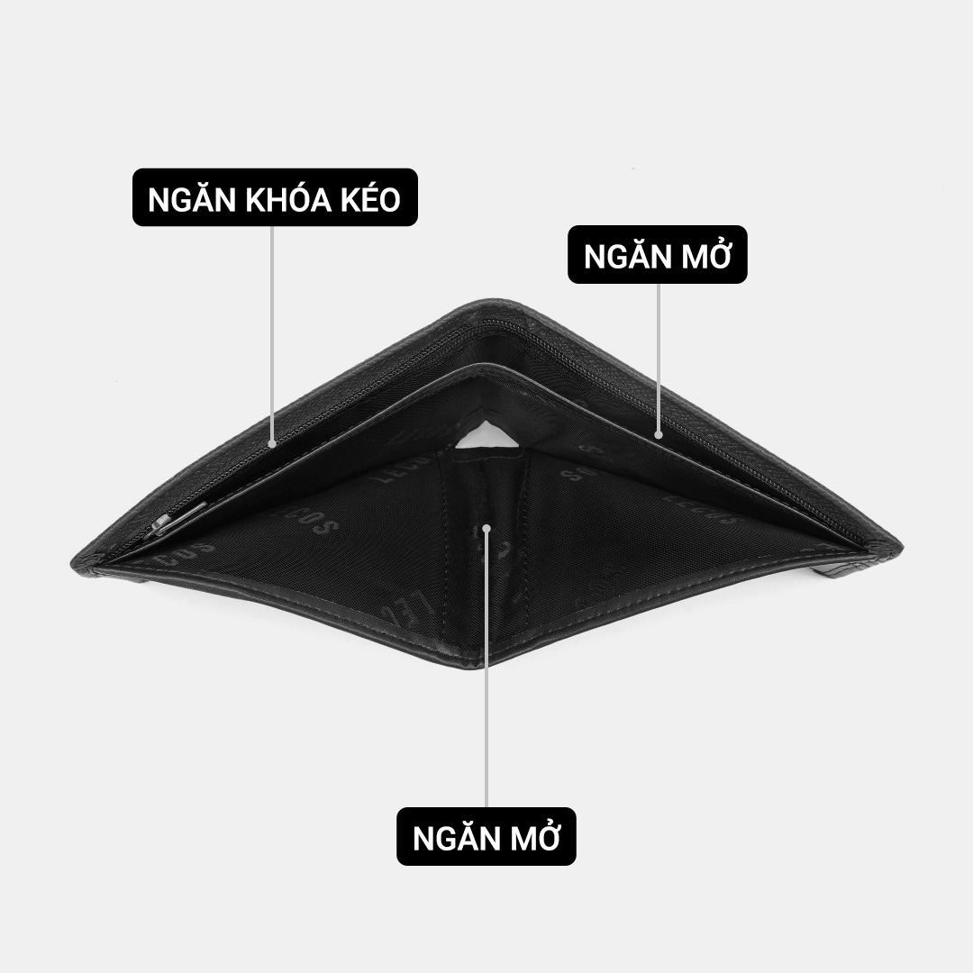 Thiết kế ví mở ngang bên trong có ngăn ngang dài và ngăn cài thẻ giúp quý ông dễ dàng sắp xếp tiền bạc, thẻ, ảnh các loại,... ngăn nắp và tiện lợi