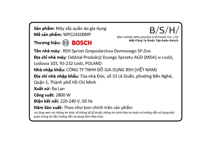 Máy sấy quần áo Bosch WPG24100MY