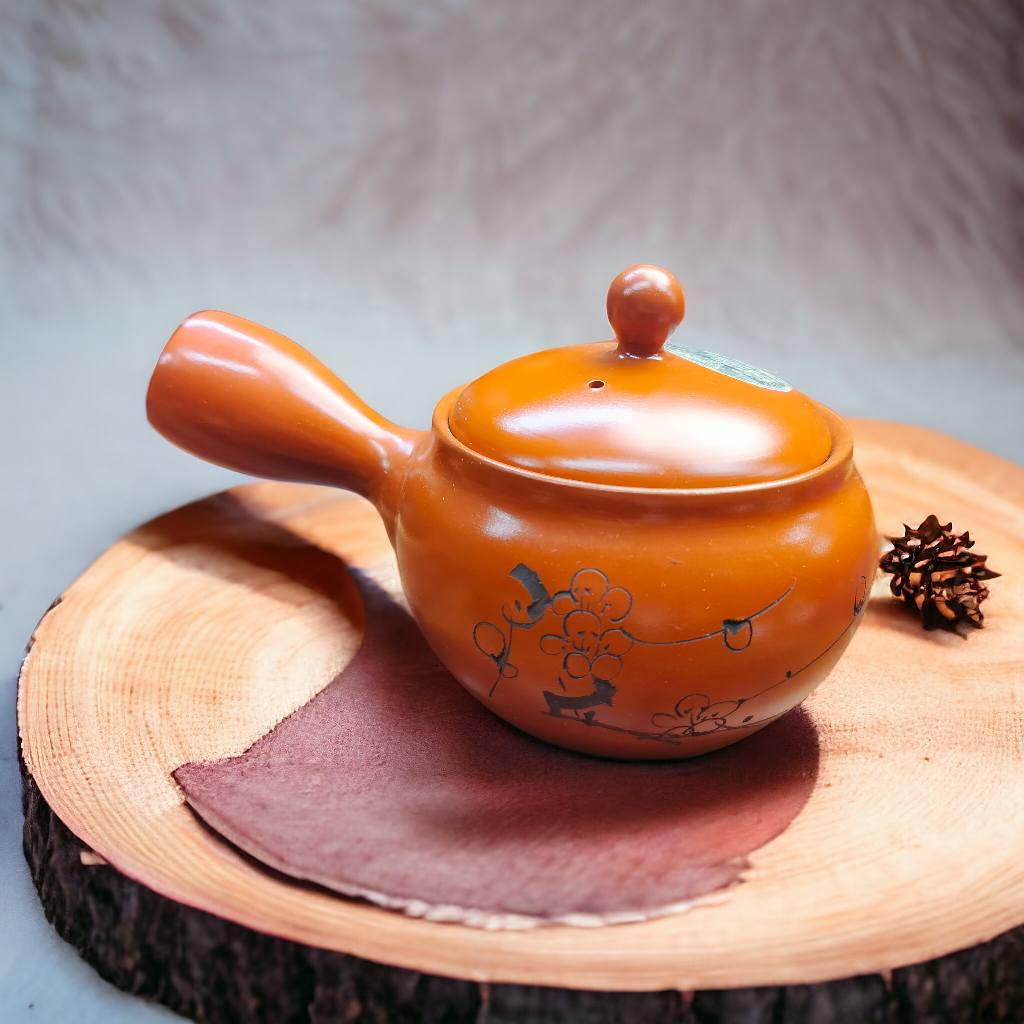 Ấm tokoname khắc hoa đào lọc lưới