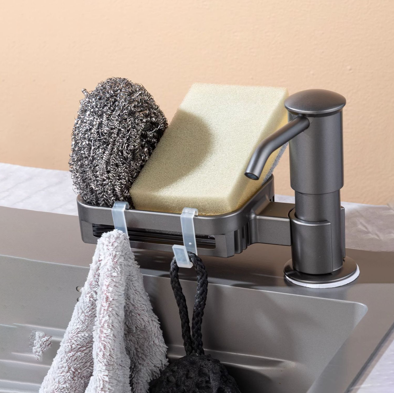 Bộ Vòi Bơm Nước Rửa Chén Nối Dài 1.2M – Hút Trực Tiếp Từ Can Lớn, Tích Hợp Khay Đựng