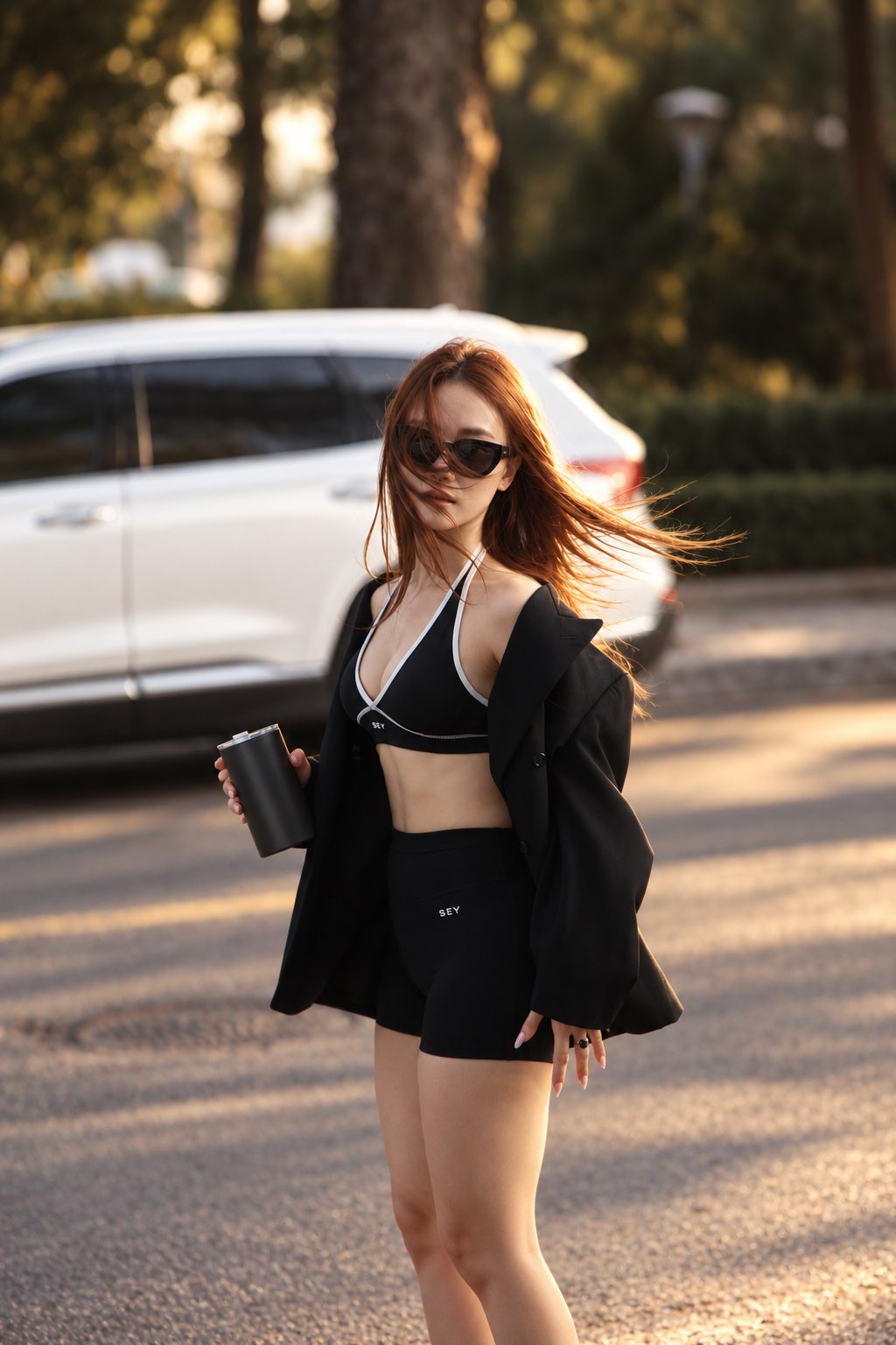 Người mẫu mặc set SEY màu đen, khoác blazer, đứng ngoài phố trong nắng chiều