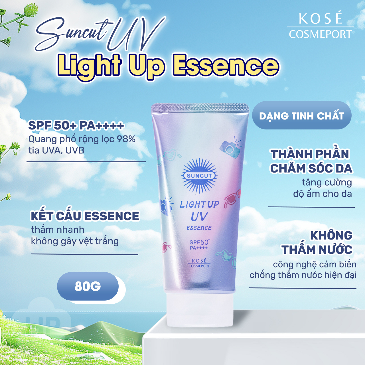 Tinh chất chống nắng Kose Suncut R Light Up tạo hiệu ứng da căng bóng