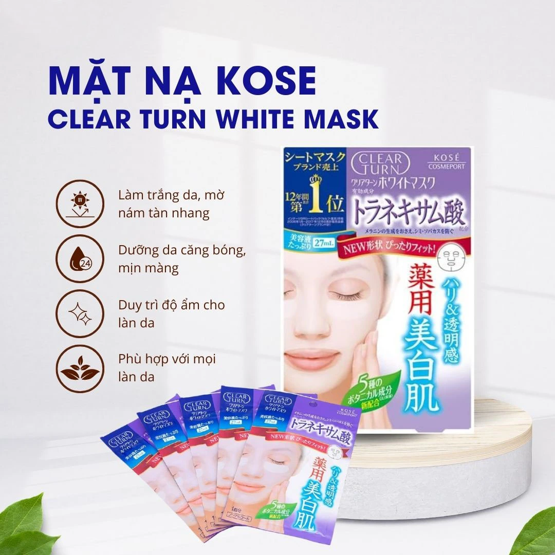Mặt nạ Kose Clear Turn dưỡng ẩm trắng da 5 miếng (3 loại) (Tranexamic acid)