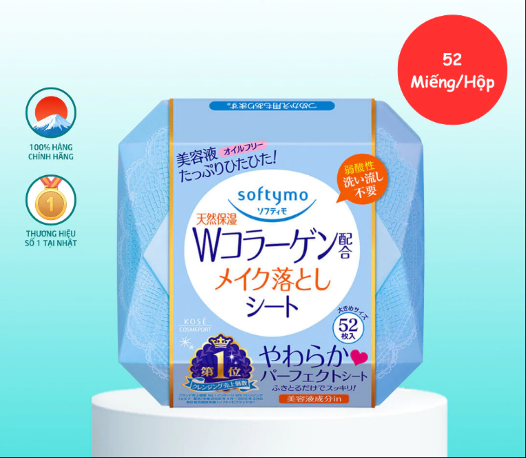 KHĂN ƯỚT TẨY TRANG DƯỠNG ẨM DA BỔ SUNG COLLAGEN SOFTYMO HỘP 52 MIẾNG