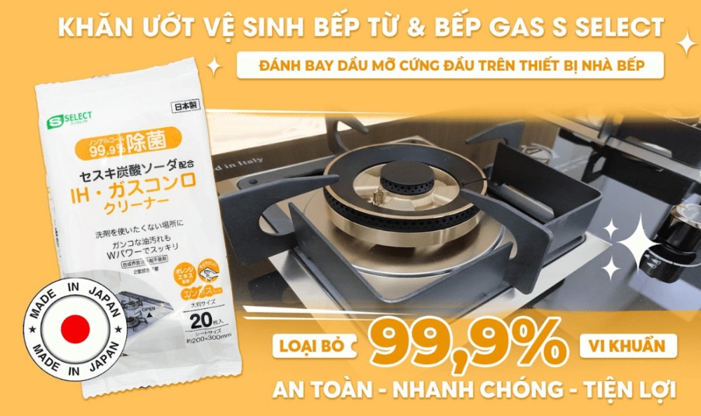 Khăn ướt S Select vệ sinh bếp từ & bếp ga (gói 20 miếng)