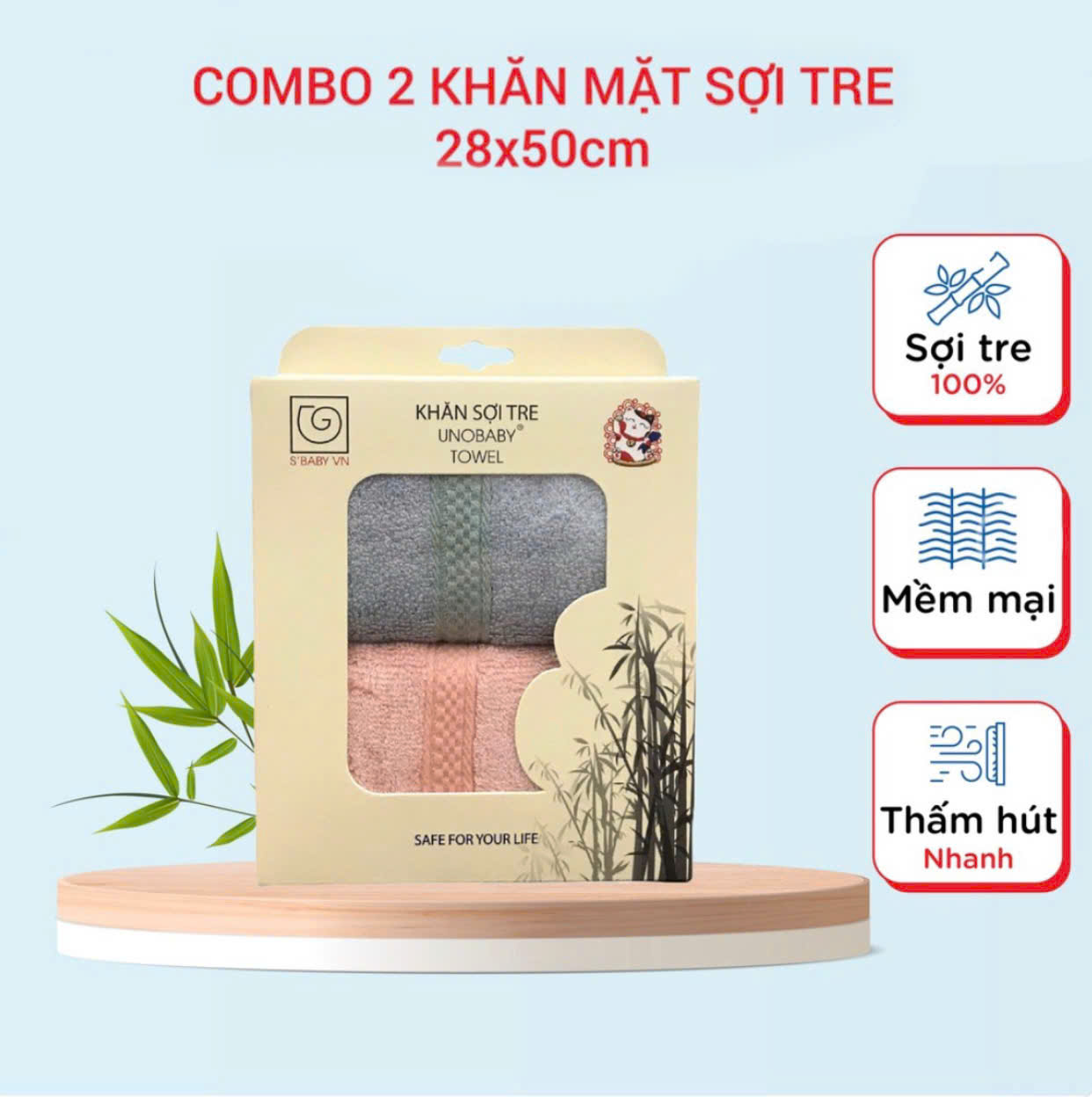 Set 2 khăn mặt sợi tre S'Baby Unobaby 28x50 cm