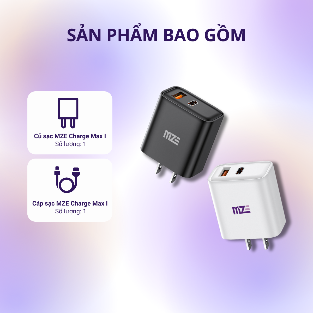 Bộ cáp sạc điện thoại 2 cổng  MZE Charge Max I - TypeC To Lighting - PC01