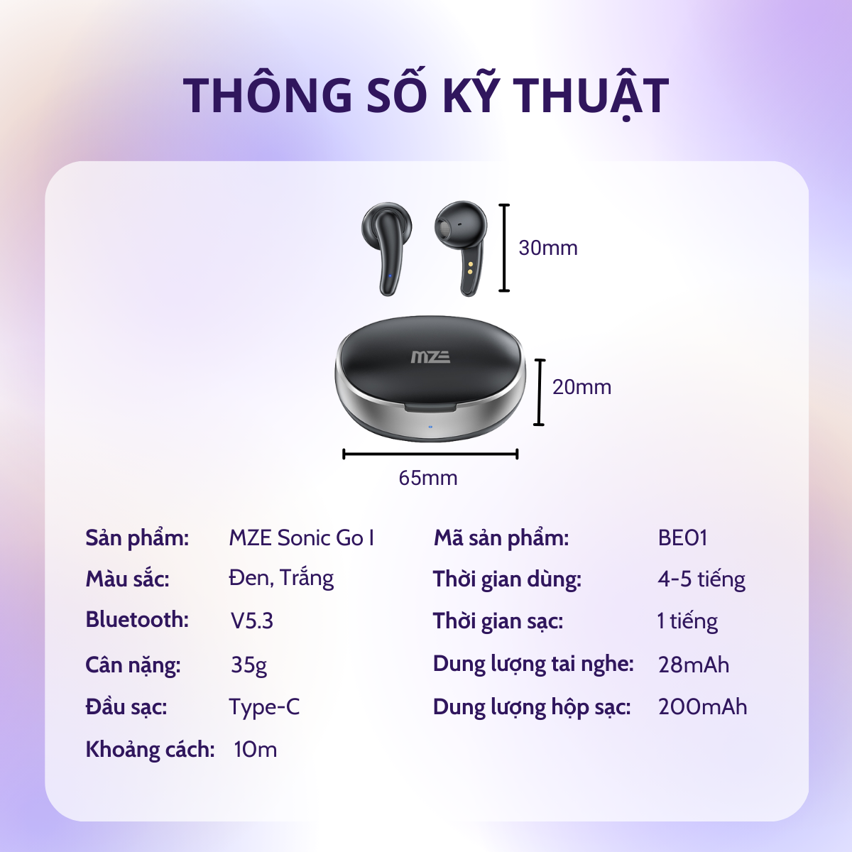 Tai nghe bluetooth, không dây MZE Sonic Go I - BE01