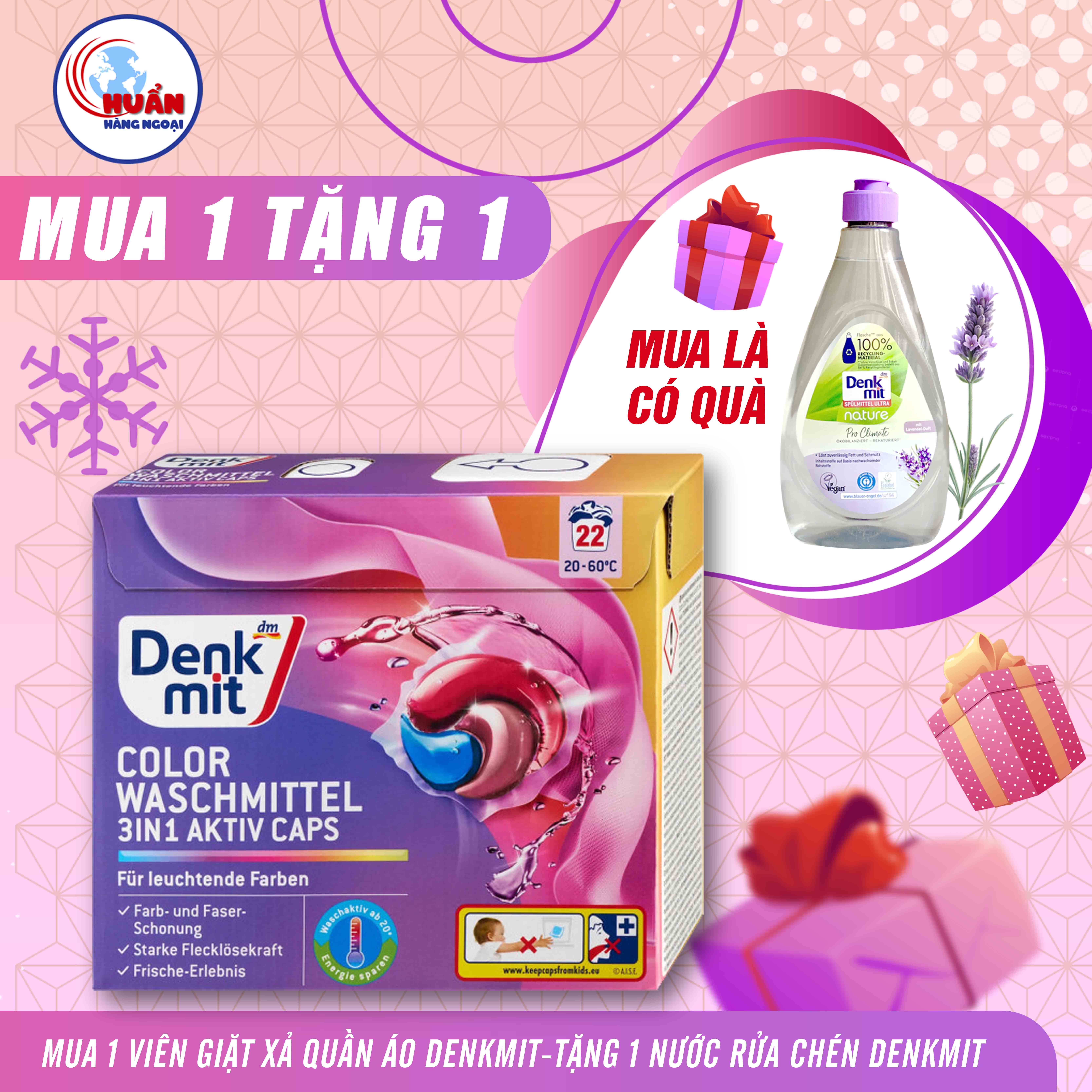Viên giặt xả dành cho quần áo màu Denkmit 3 in 1 màu tím, hộp 22 viên-Nhập Đức