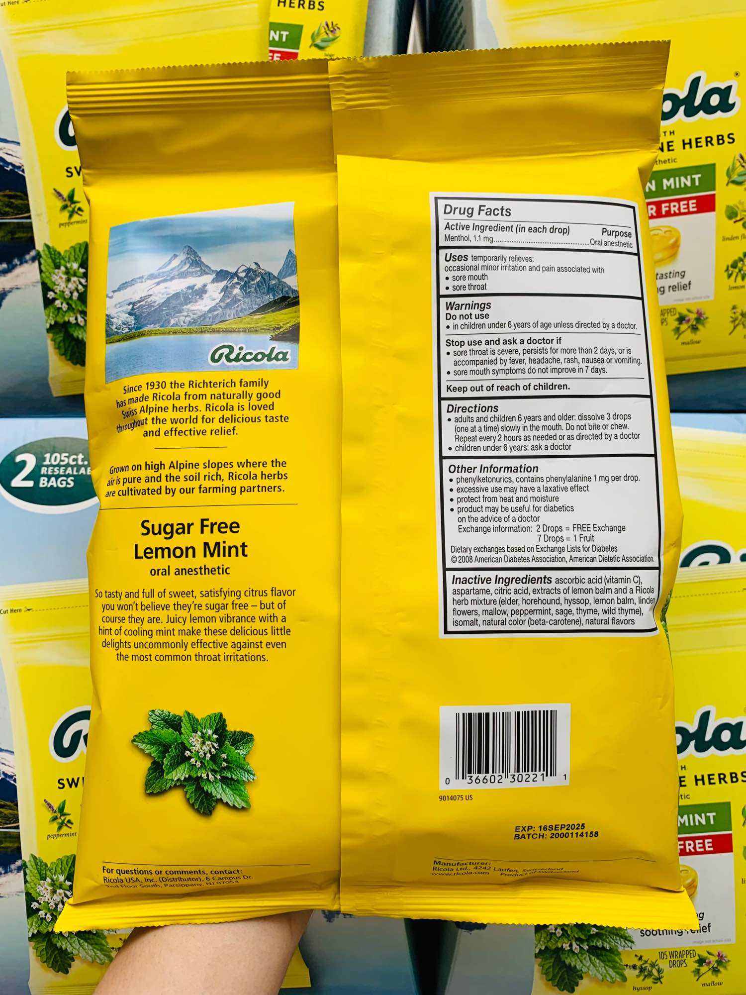 Kẹo Ngậm Thảo Mộc Trị Ho Ricola Lemon Mint Sugar Free