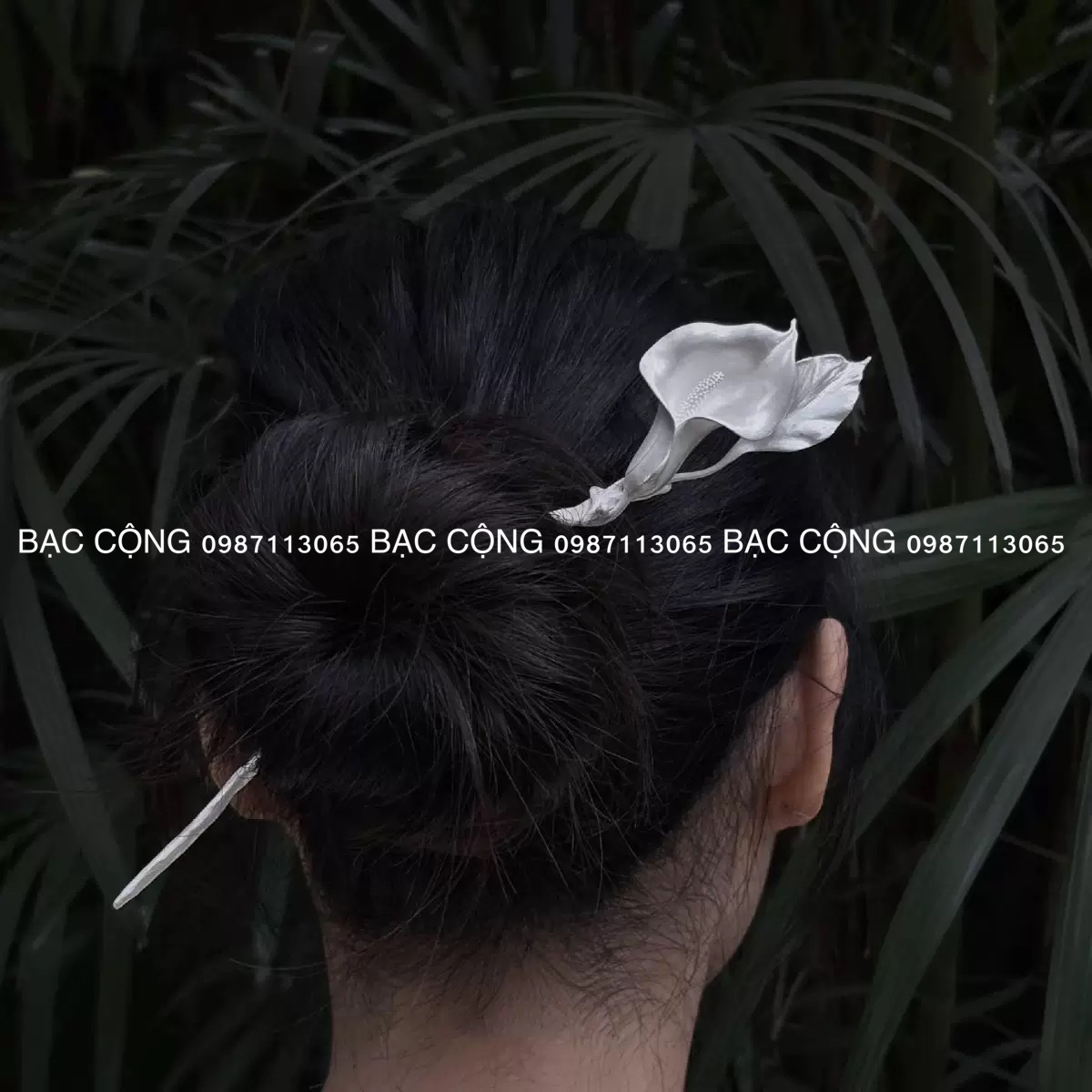Trâm cài tóc bạc ta hoa Rum thủ công