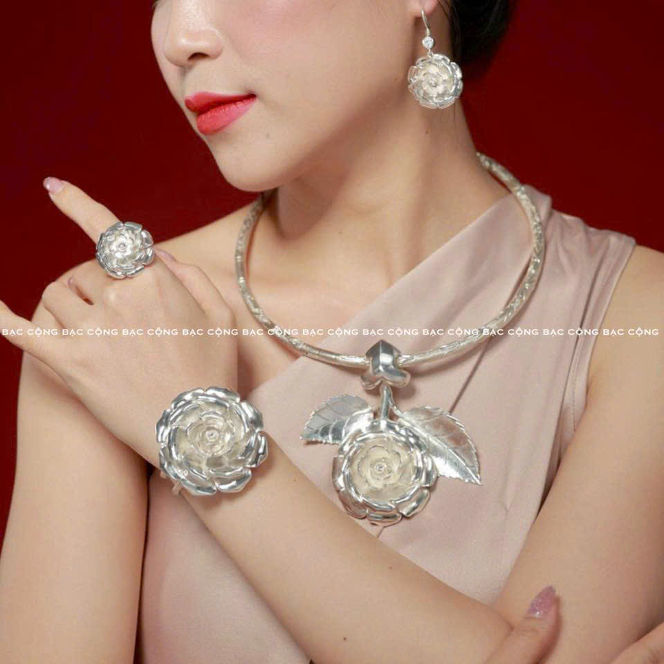 Bộ sản phẩm bạc ta Hoa Hồng bạc nguyên chất hàng chế tác tác độc bản