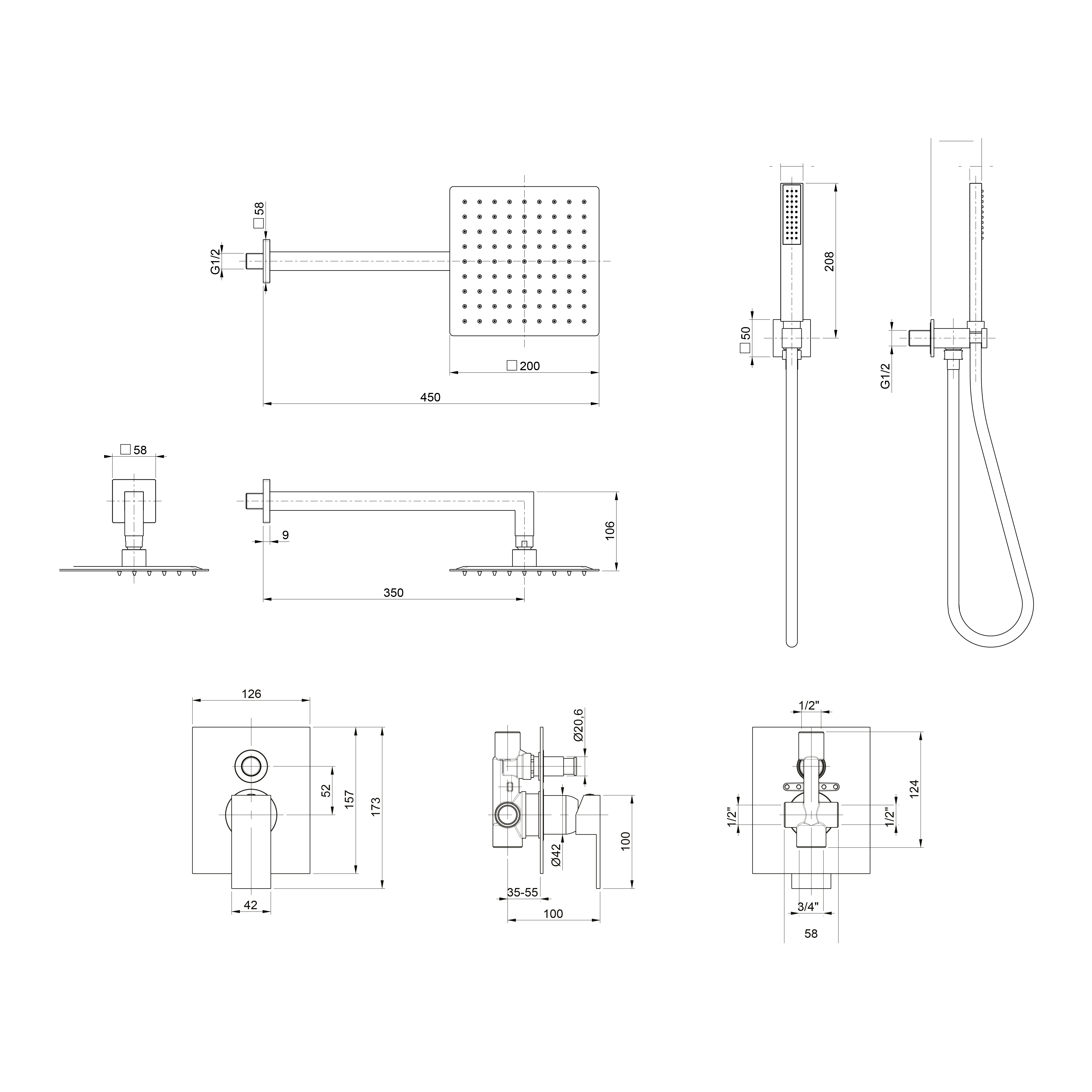 Sen tắm âm tường vuông 30cm I Crolla 10257