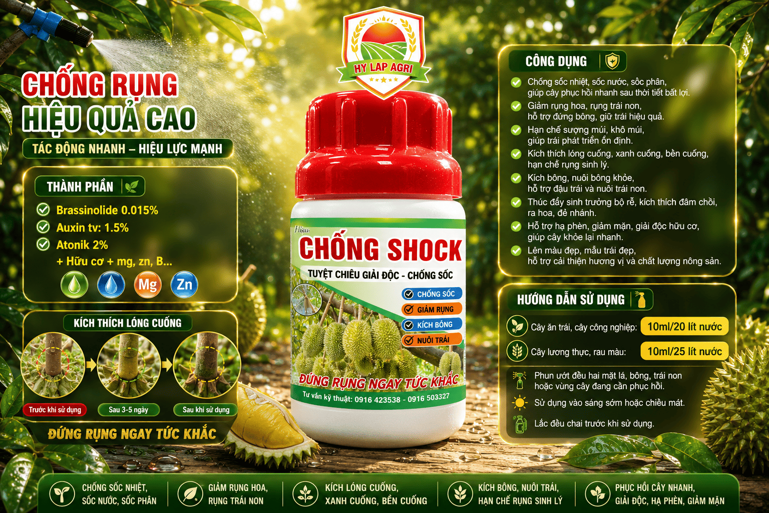 Chống Shock Hy Lạp – Giảm Rụng Hoa, Rụng Trái Non, Phục Hồi Cây Sầu Riêng Sau Sốc Nhiệt, Mưa Dầm