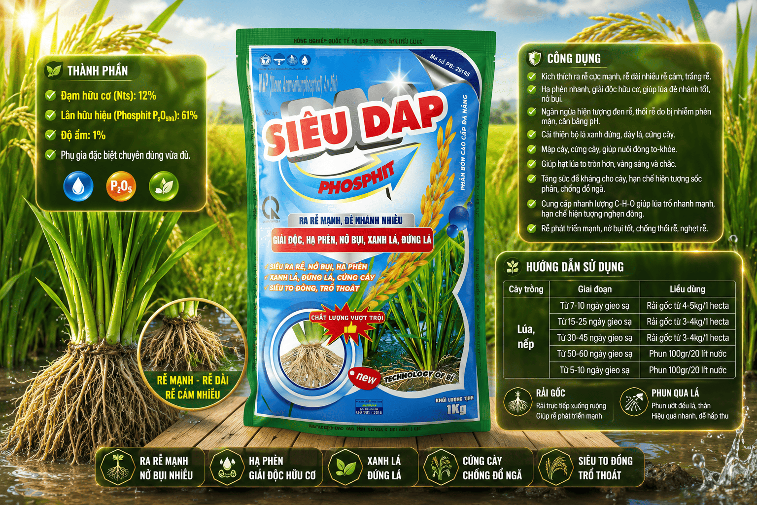 Siêu DAP Phosphit Hy Lạp – Phân Bón Ra Rễ Mạnh, Nở Bụi, Hạ Phèn, Xanh Lá Đứng Lá Cho Lúa