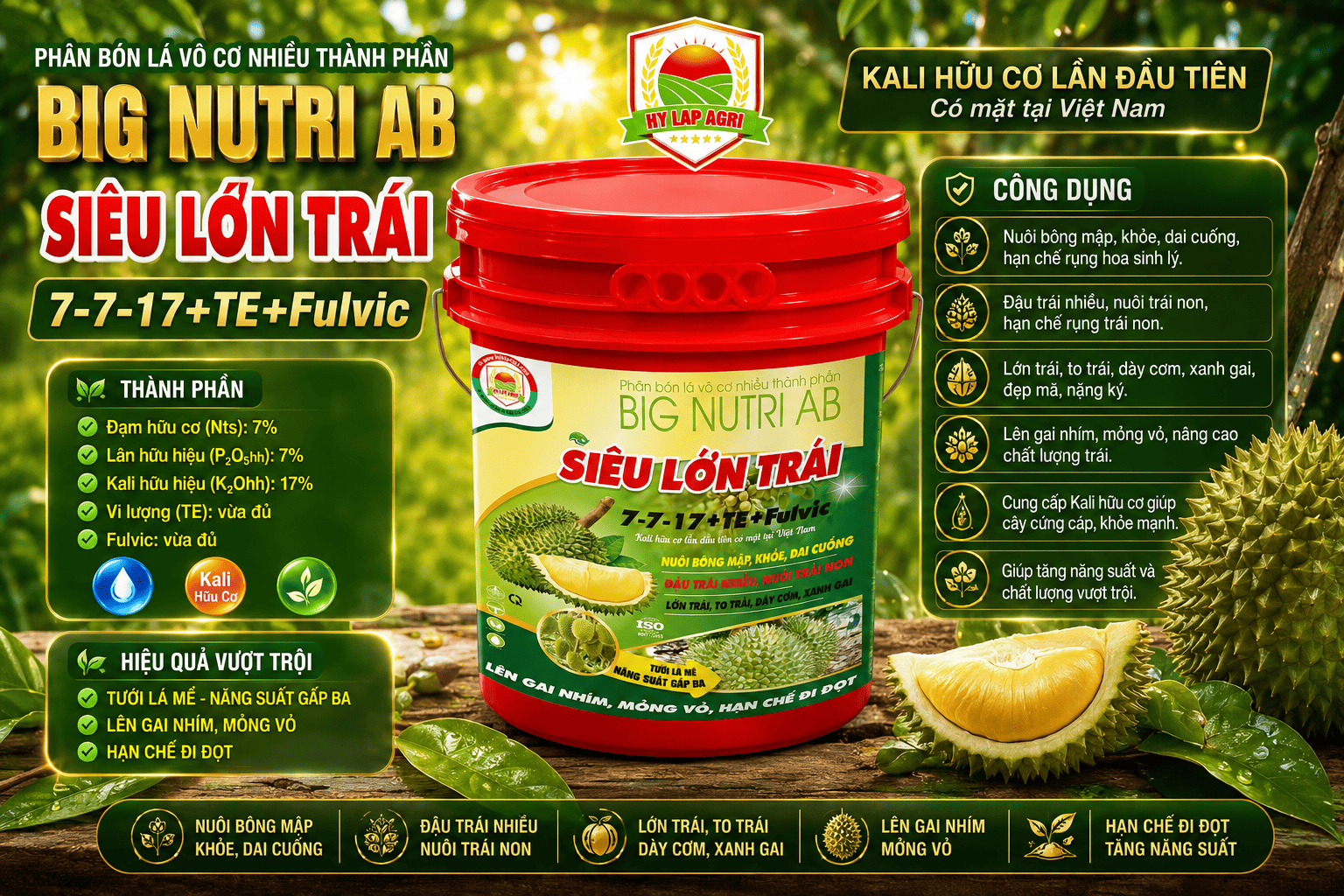 Hy Lạp Agri 7-7-17+TE+Fulvic – Phân Bón Nuôi Trái Sầu Riêng Lớn Trái Hy Lạp, Dày Cơm, Xanh Gai