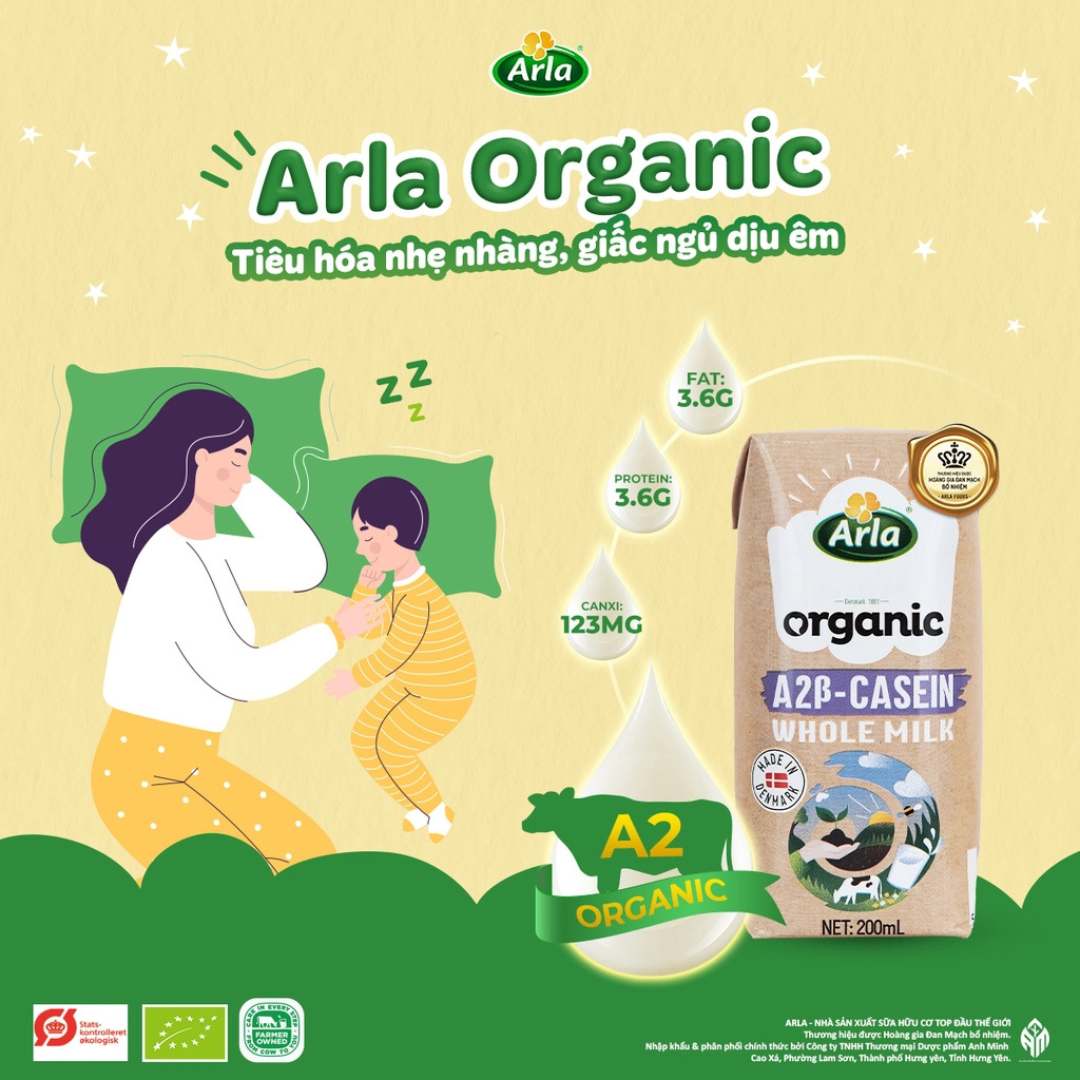 Sữa tươi Arla Organic dâu, chuối, socola, full cream, a2 200ml