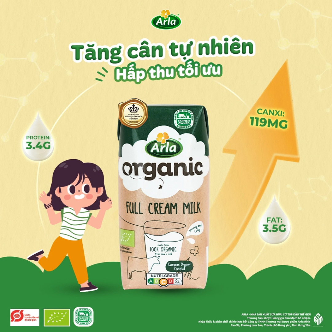 Sữa tươi Arla Organic dâu, chuối, socola, full cream, a2 200ml