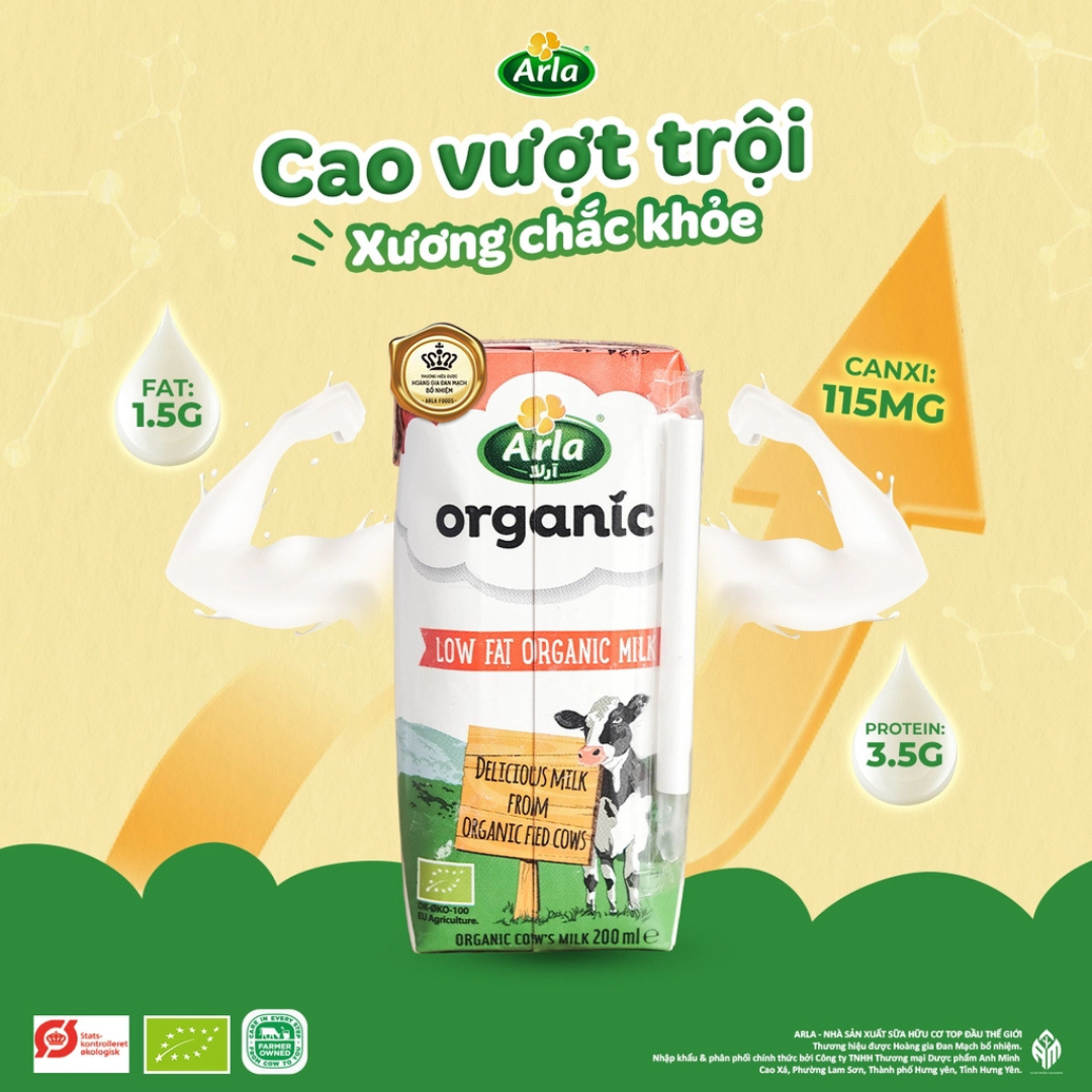 Sữa tươi Arla Organic dâu, chuối, socola, full cream, a2 200ml