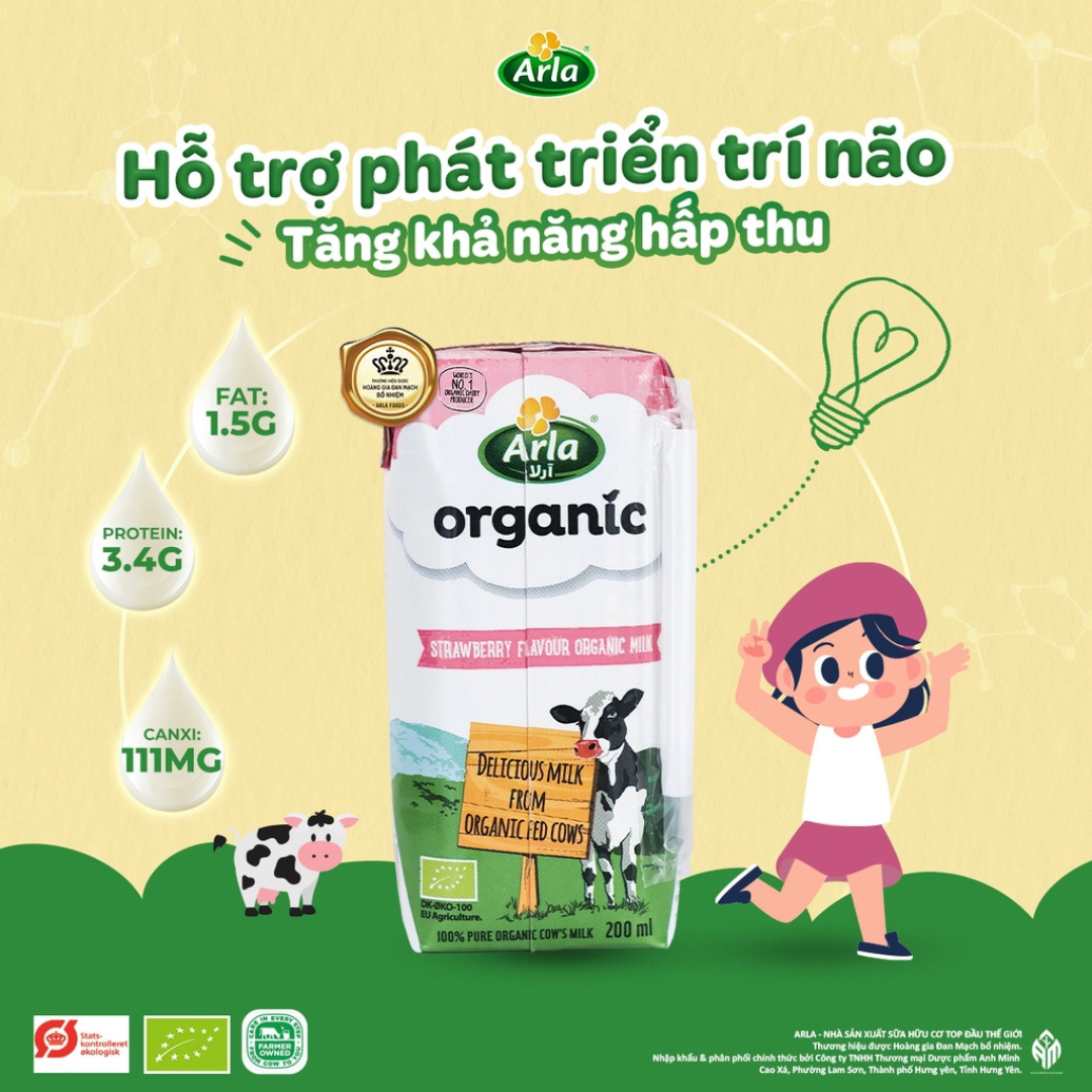 Sữa tươi Arla Organic dâu, chuối, socola, full cream, a2 200ml
